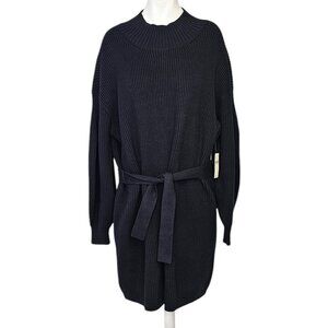 Anthropologie Maeve Mock Neck Long Sleeve Sweater Dress, Ribbed, Belted, Black,M